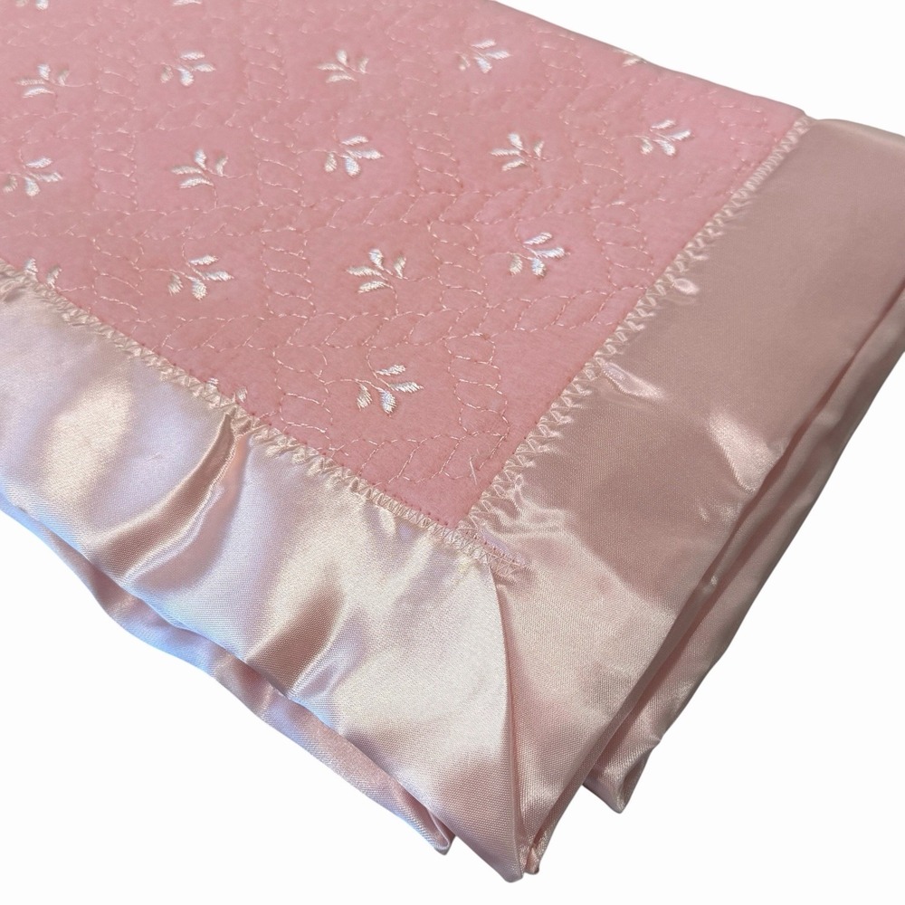 VTG Pink Baby Blanket Satin Trim Edge Embroidered Security Lovey 36x45 USA Union